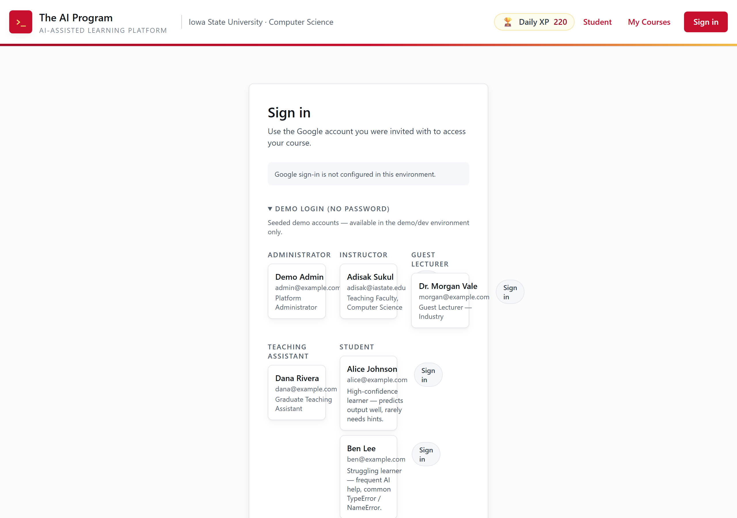 The Sign in page. A card reads 'Use the Google account you were invited with to access your course.' Below it an expandable 'Demo login (no password)' section lists sample accounts grouped by role: Administrator, Instructor, Guest Lecturer, Teaching Assistant, and Student.
