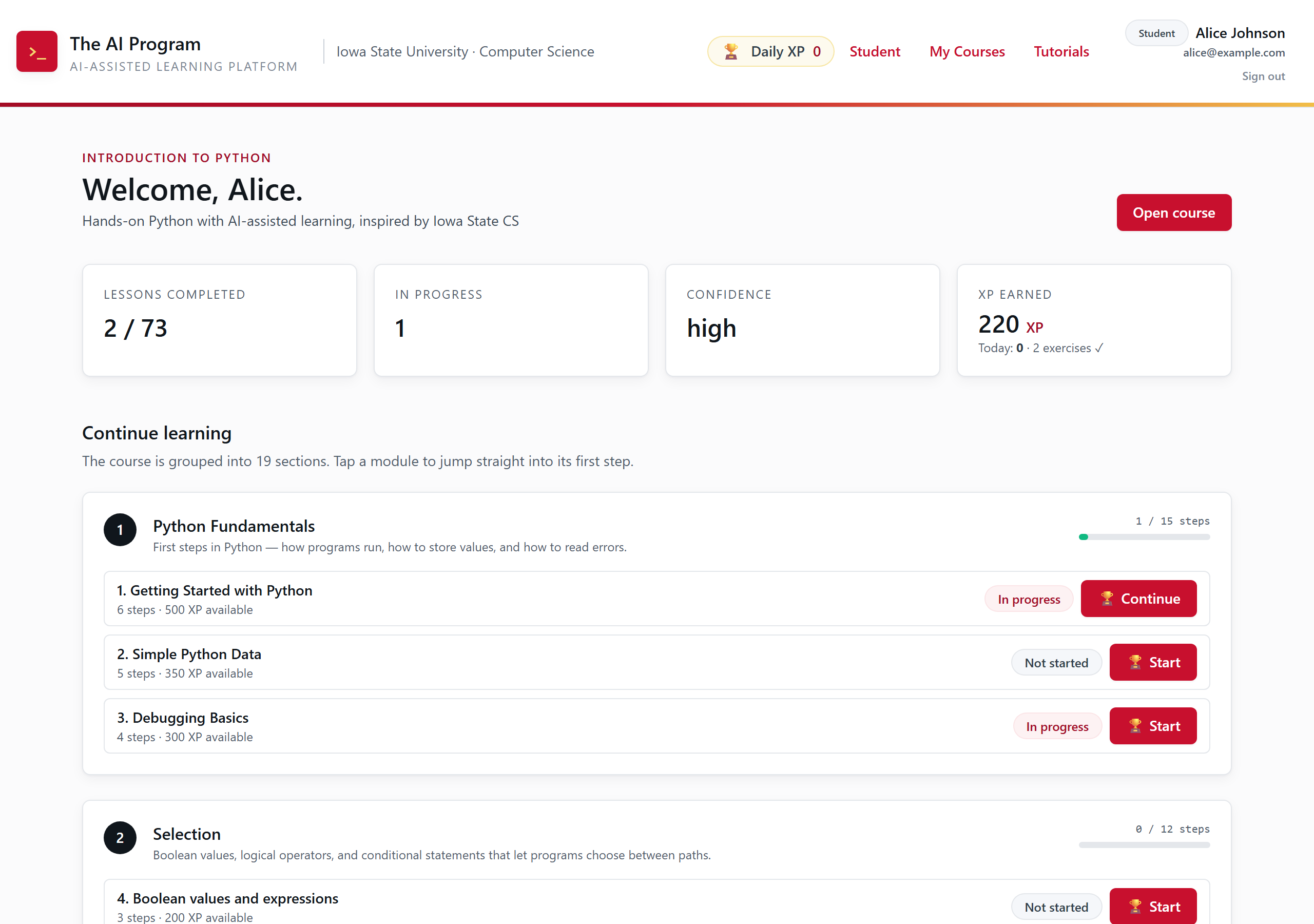 The student dashboard. A welcome heading, an 'Open course' button, and four tiles: Lessons completed 2 / 73, In progress 1, Confidence high, XP earned 0. Below, a 'Continue learning' list shows numbered sections with modules and Start buttons.