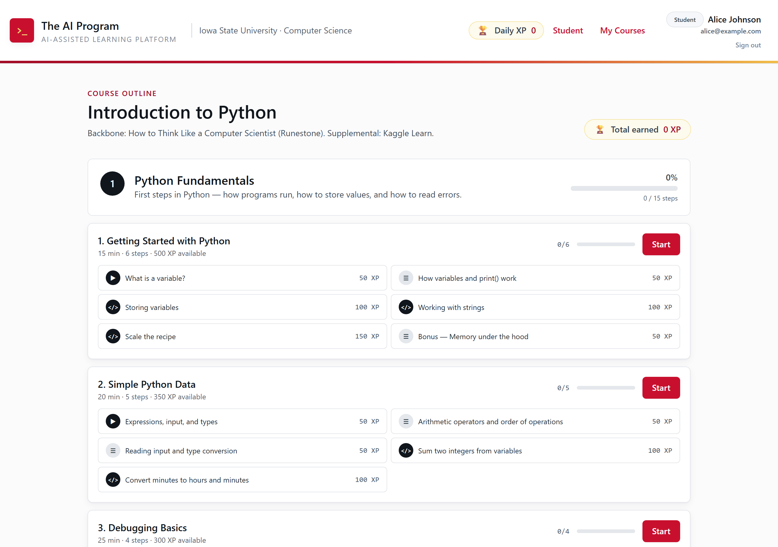 The Introduction to Python course outline. Section 1, Python Fundamentals, shows 0% and 0 / 15 steps. Under it, module '1. Getting Started with Python, 15 min, 6 steps, 500 XP available' expands into step chips: What is a variable?, How variables and print() work, Storing variables, Working with strings, Scale the recipe, and Bonus.