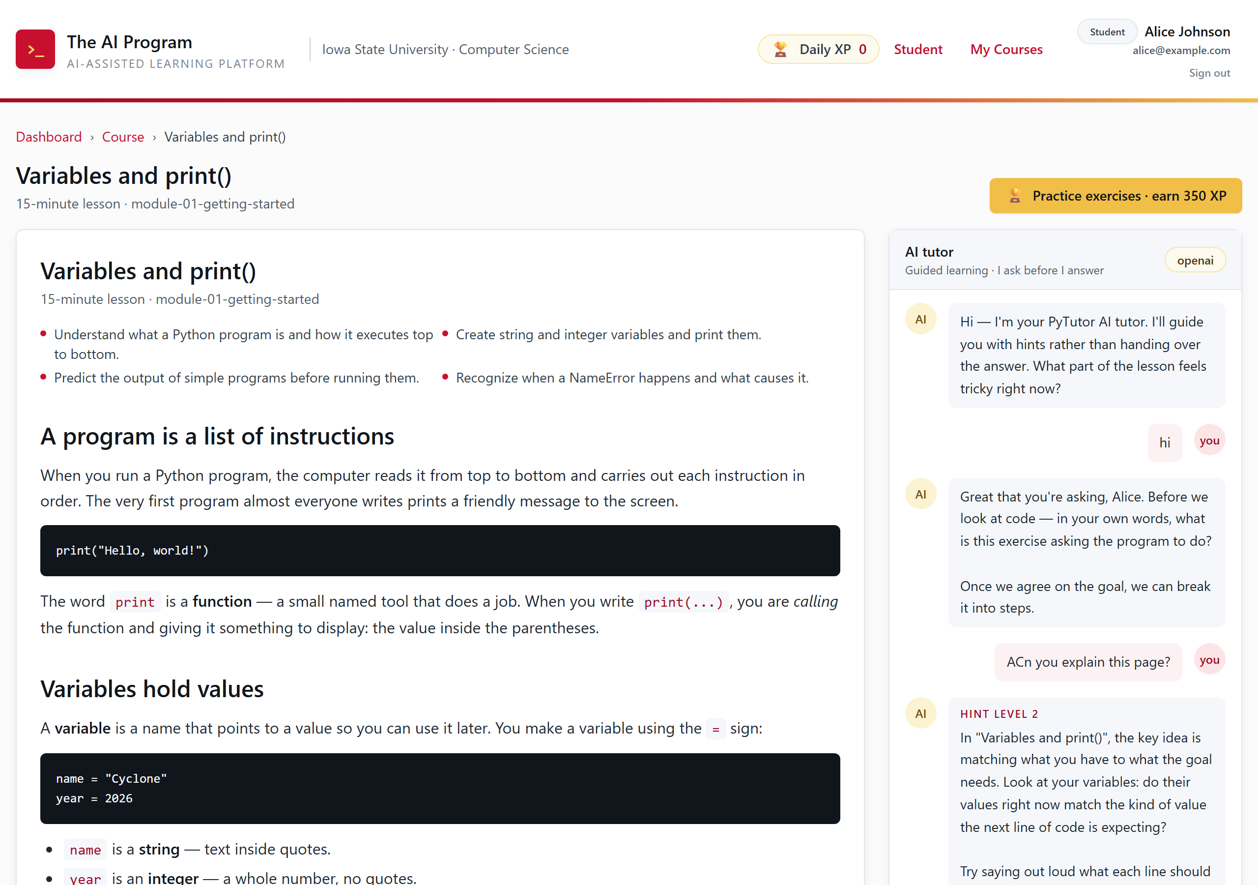 A lesson page. The left column has the lesson title, learning objectives, and reading text. The right column holds a pinned AI tutor card headed 'AI tutor — Guided learning, I ask before I answer', with a chat box at the bottom.