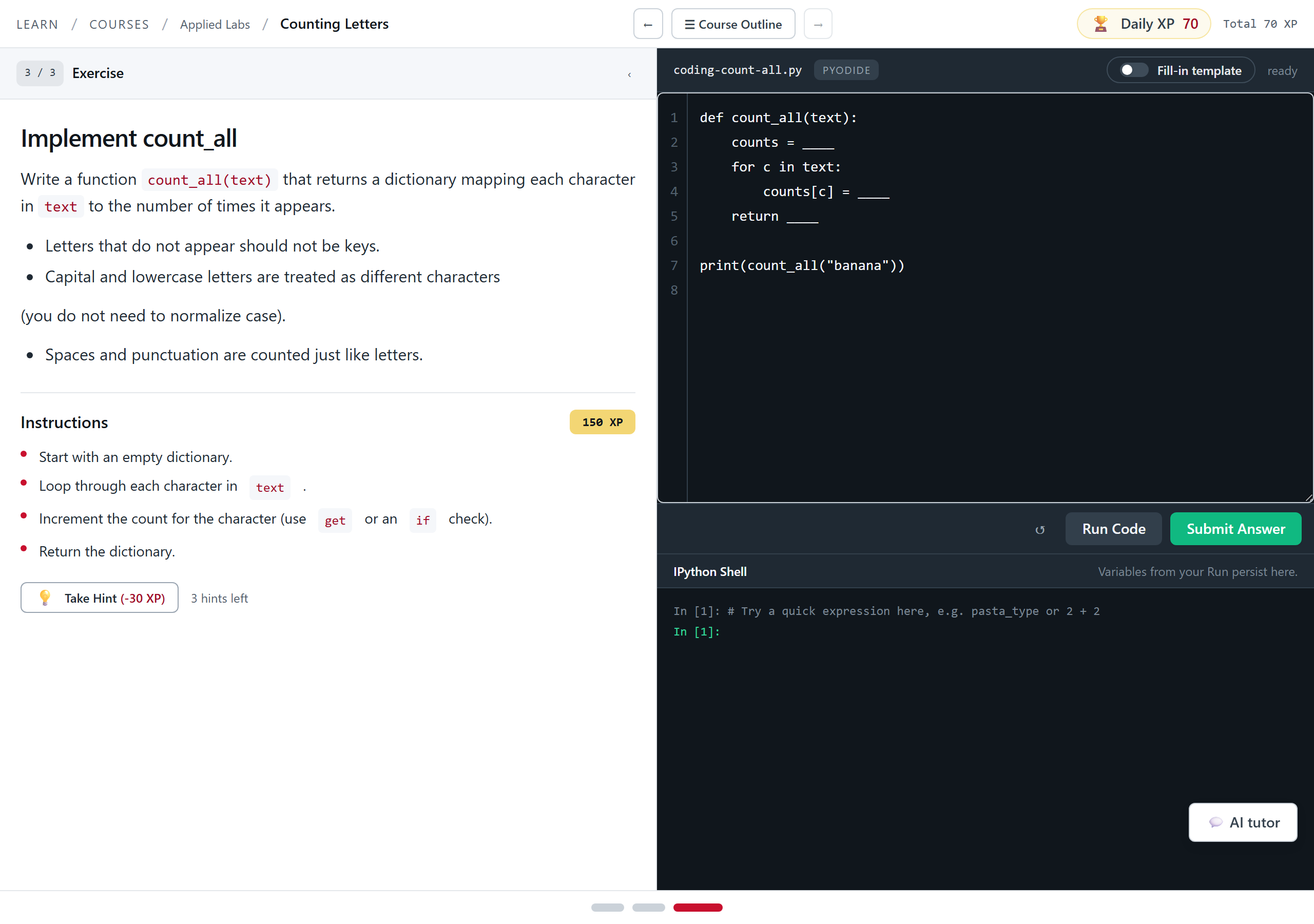 The lab 'Implement count_all'. The left pane states the rules for the function and lists four instructions with a 150 XP badge. The right pane holds a function skeleton with blanks for the empty dictionary, the loop body, and the return value.