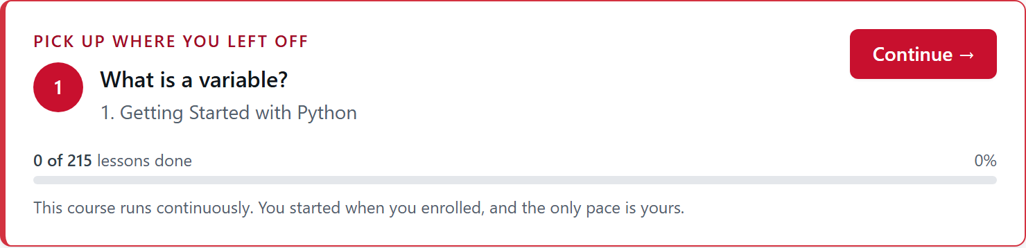 The card at the top of the course page. It reads PICK UP WHERE YOU LEFT OFF, names the lesson What is a variable, carries a Continue button, shows 0 of 215 lessons done, and says the course runs continuously.
