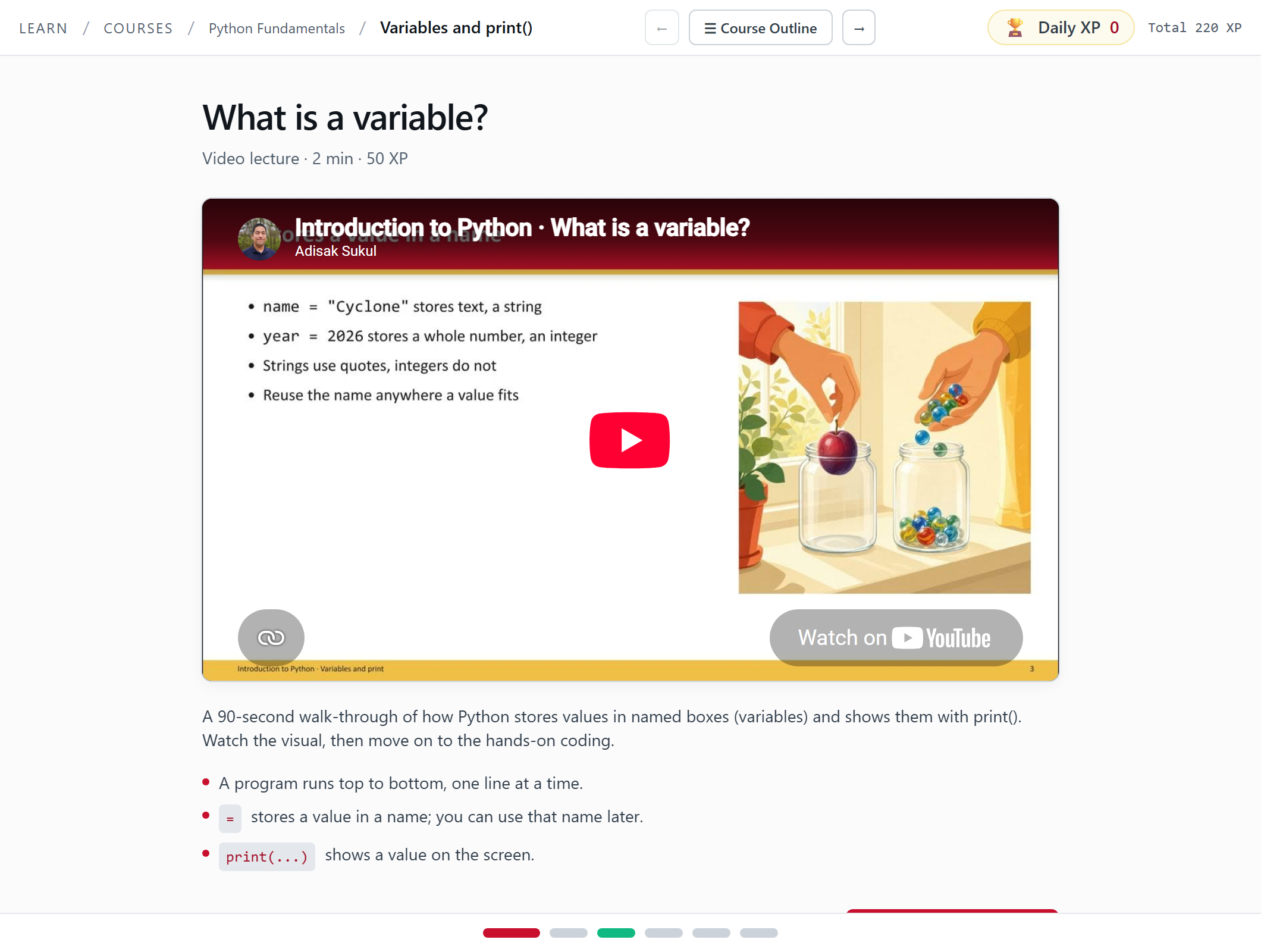 A video step called What is a variable. The lecture video fills most of the screen, with a short summary and three bullet points under it.