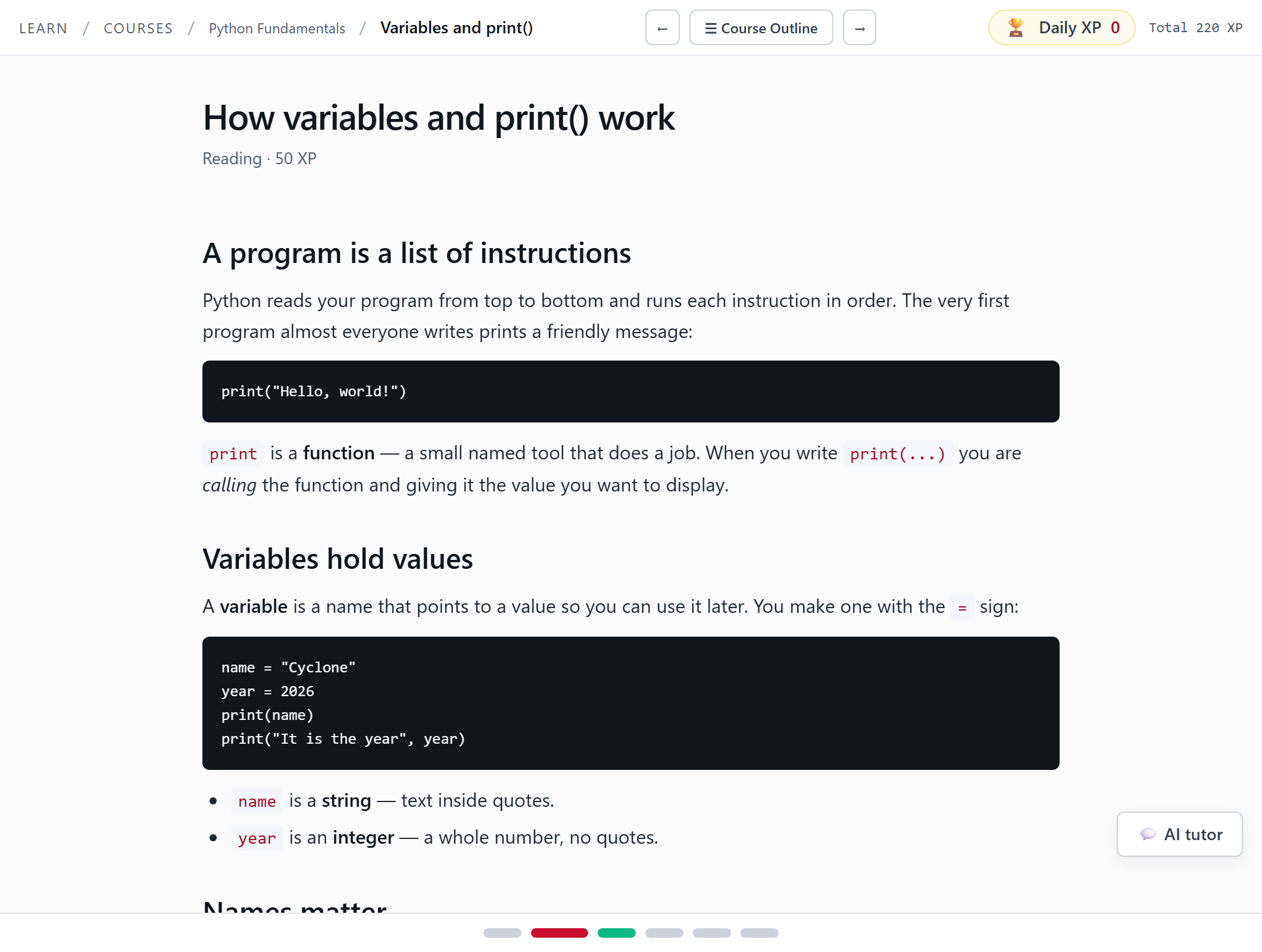A reading step called How variables and print work. Sections of explanation with black code blocks between them, and a floating AI tutor button in the bottom right corner.