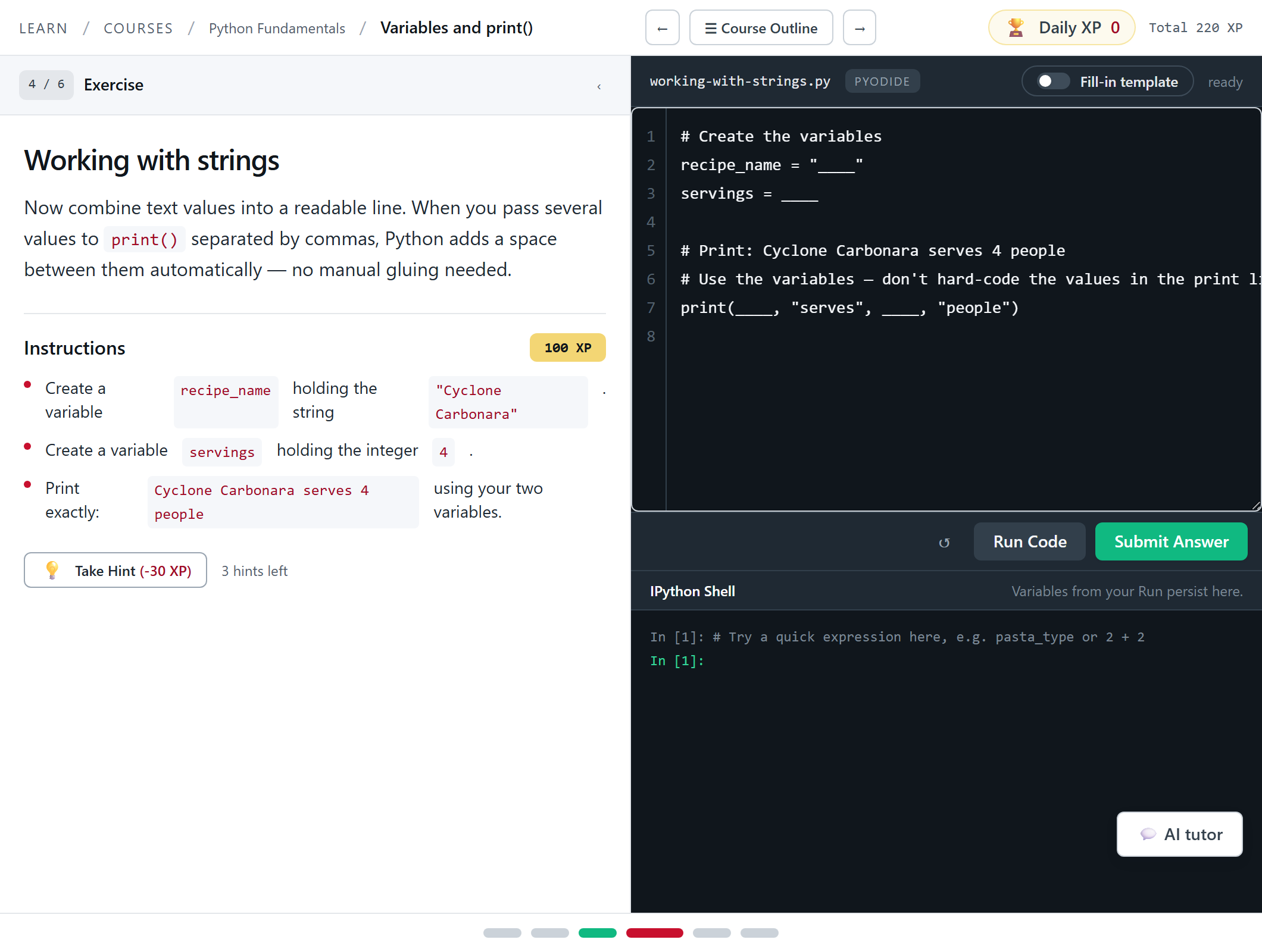 A coding exercise called Working with strings. Instructions and a Take Hint button on the left, a dark Python editor top right, and an empty output shell below it.