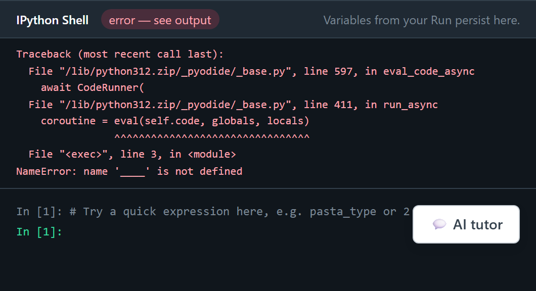 The output shell after running unfinished starter code. A red chip reads error, see output, and the traceback under it ends with NameError, name blank is not defined.