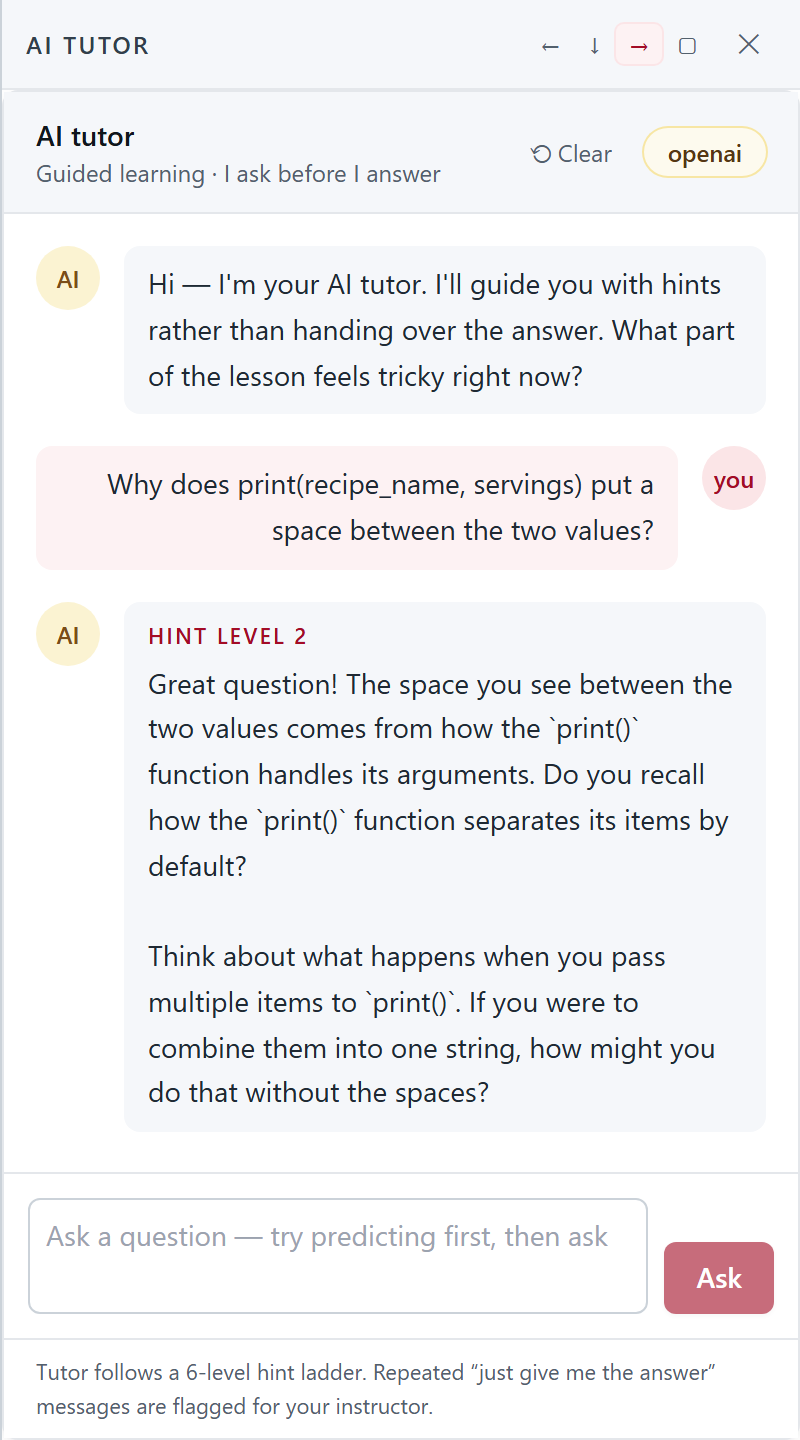 The AI tutor panel docked beside the lesson. It opens with a greeting, the student asks why print puts a space between two values, and the reply is labelled HINT LEVEL 2 and answers with two questions rather than with code.